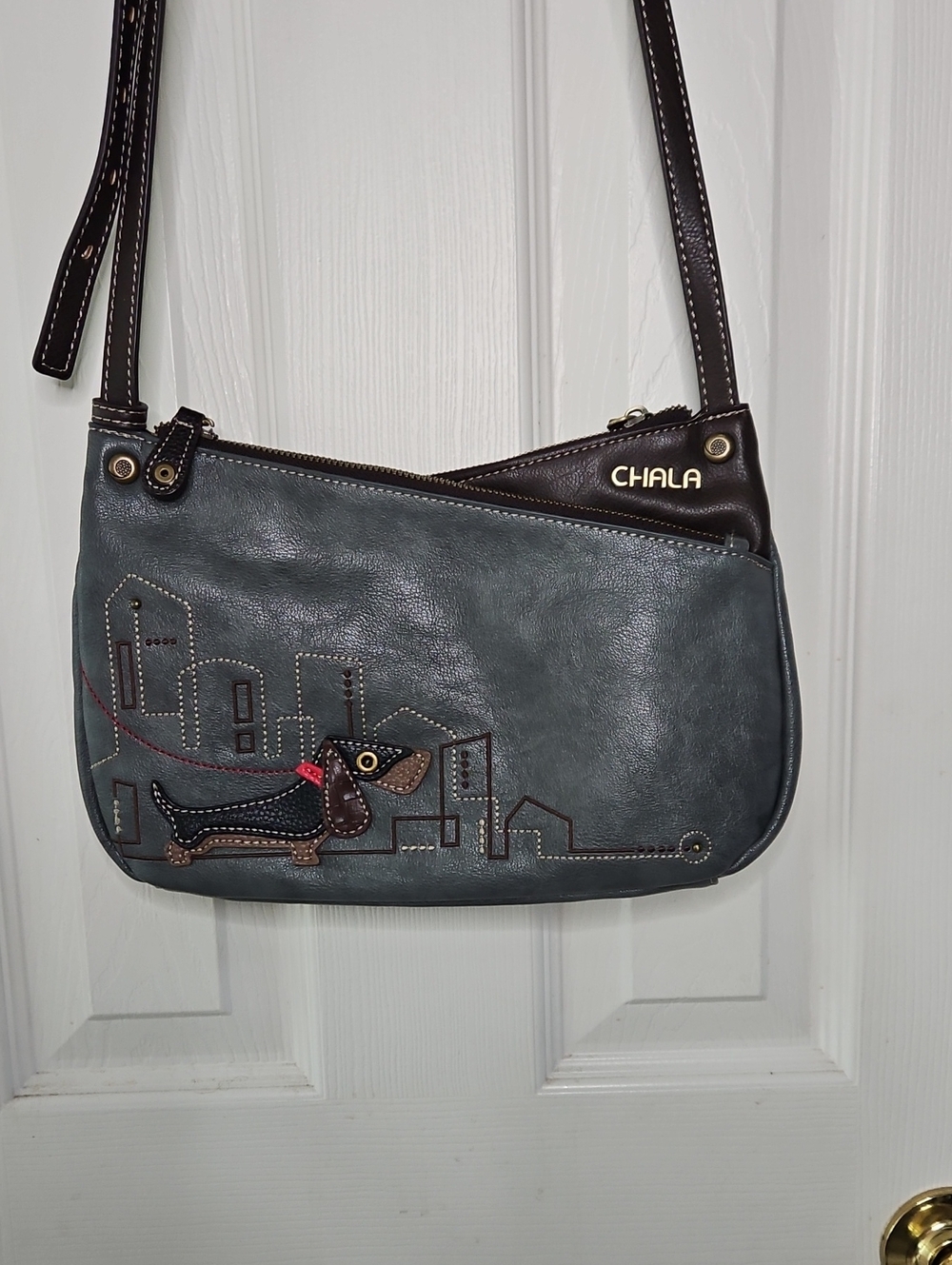 CHALA Dachshund Slate Blue Vegan Leather Shoulder Bag, Like New